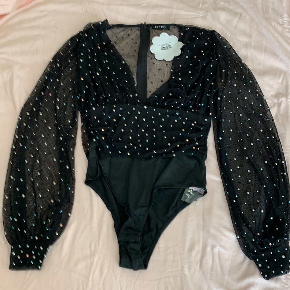 Sequined stretchy mesh bodysuit in black Size MEDIUM